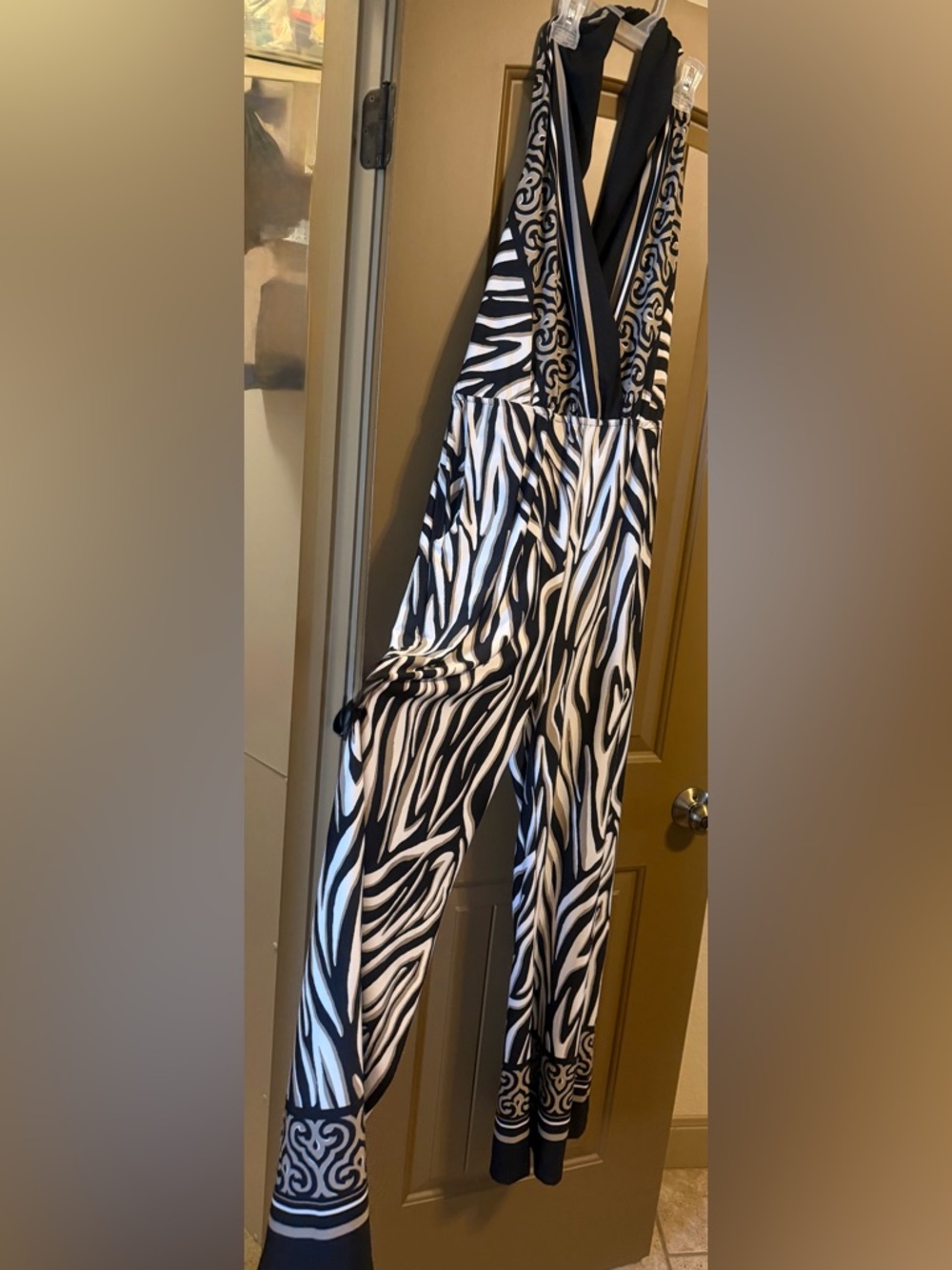 VENUS Black and White Zebra-Print Halter Jumpsuit